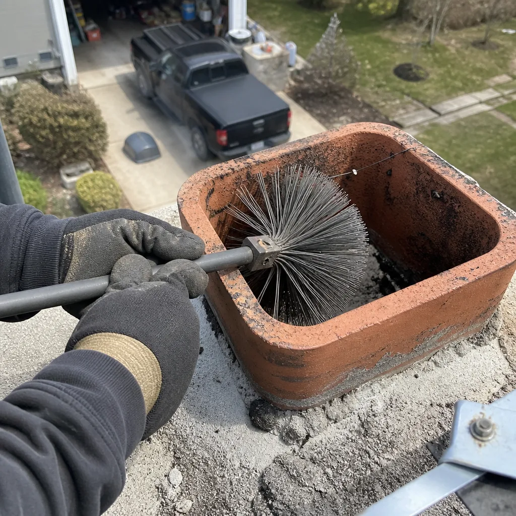 Professional chimney sweep cleaning a fireplace flue from the rooftop
