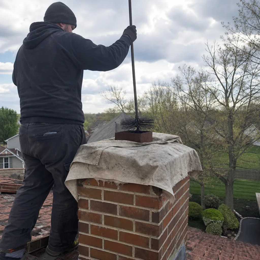 Professional chimney sweep cleaning a brick chimney on a residential rooftop