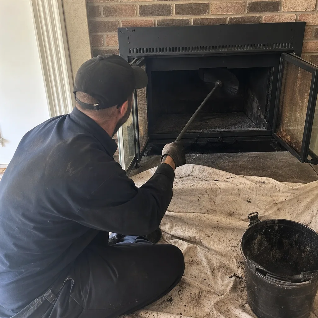 Professional chimney sweep cleaning a brick fireplace with a brush