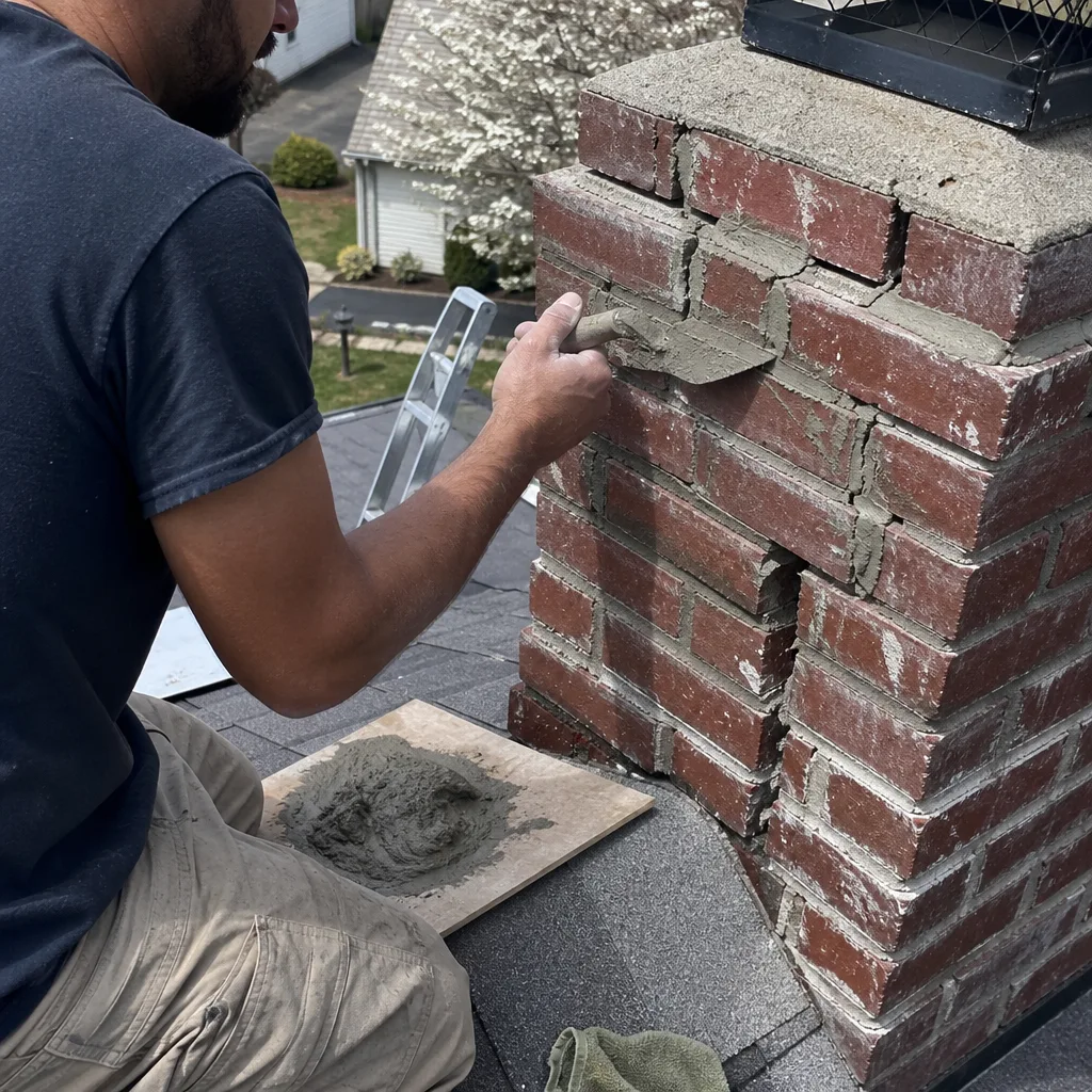 Professional contractor performing brick chimney masonry repair on a residential roof