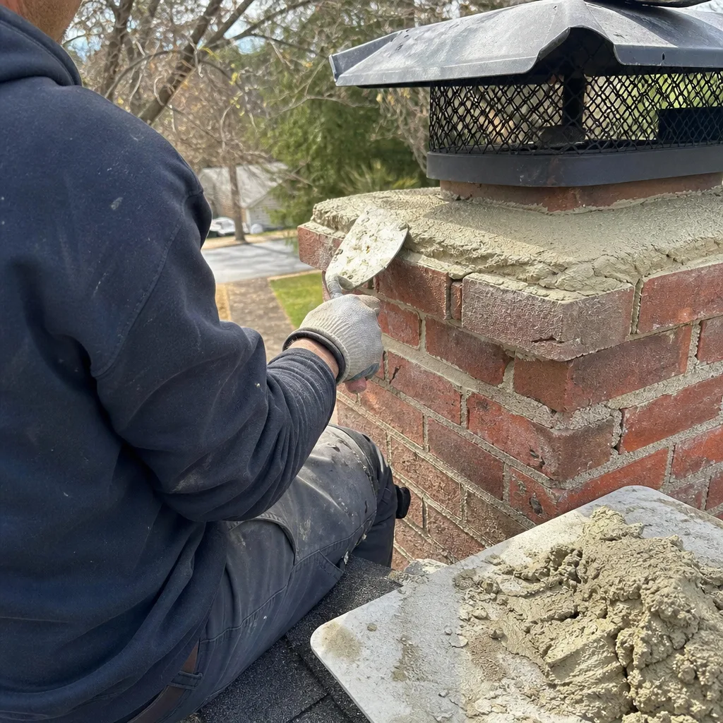 Professional technician performing brick chimney crown repair on a residential roof