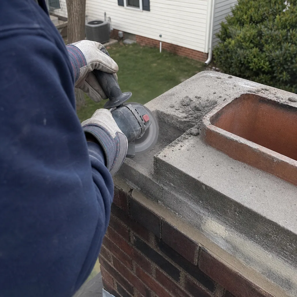Professional contractor performing masonry chimney crown repair with a power grinder.