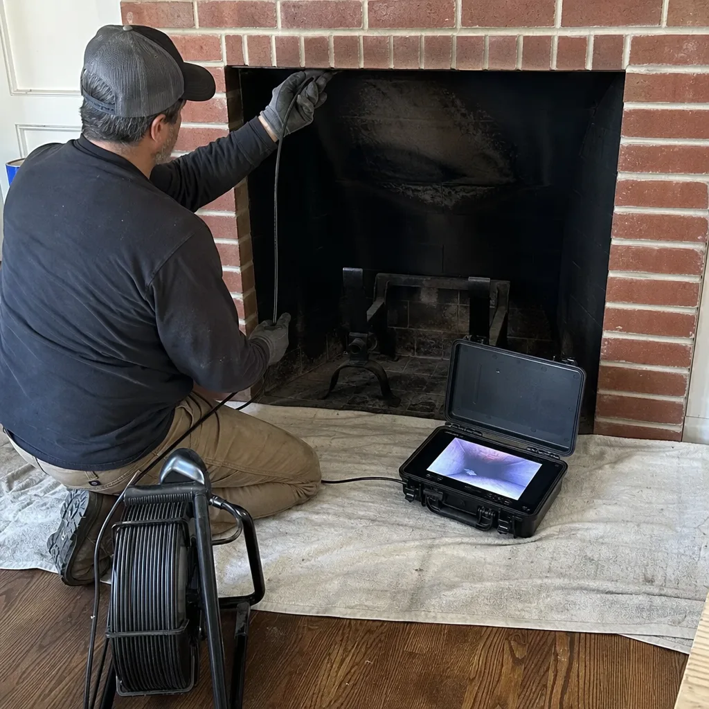Professional technician performing a chimney flue video inspection service