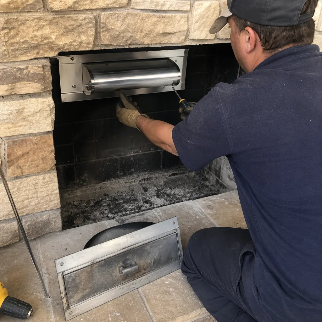 Professional technician installing a fireplace insert in a stone chimney.