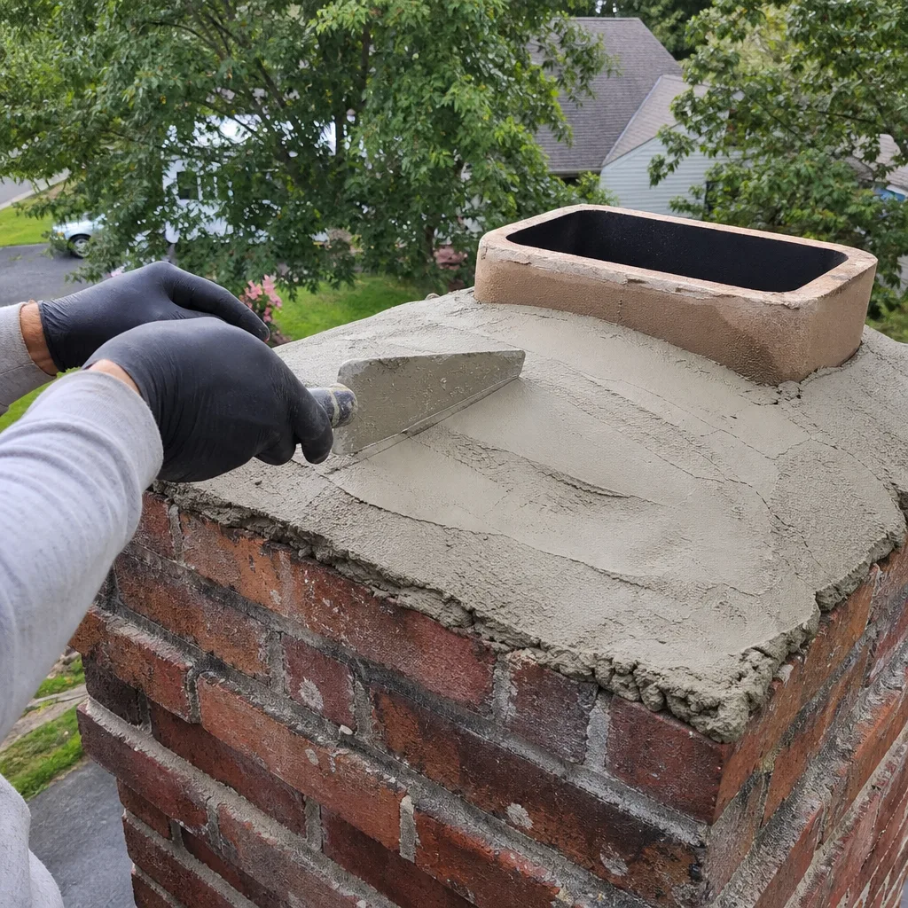 Professional contractor applying mortar to a chimney crown repair nationwide