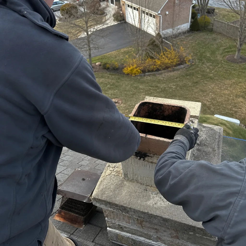 Technician measuring chimney flue for custom cap and crown installation nationwide