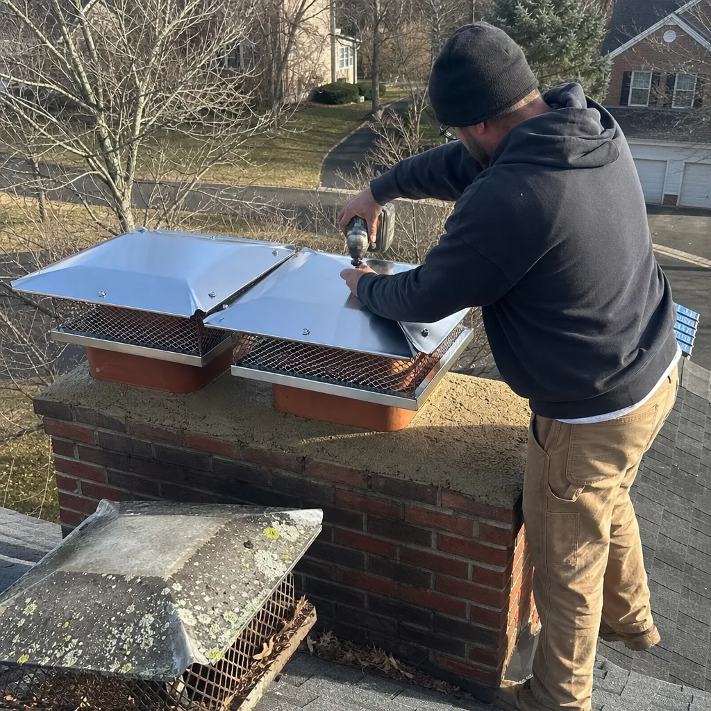 Technician installing new stainless steel chimney cap on brick chimney nationwide