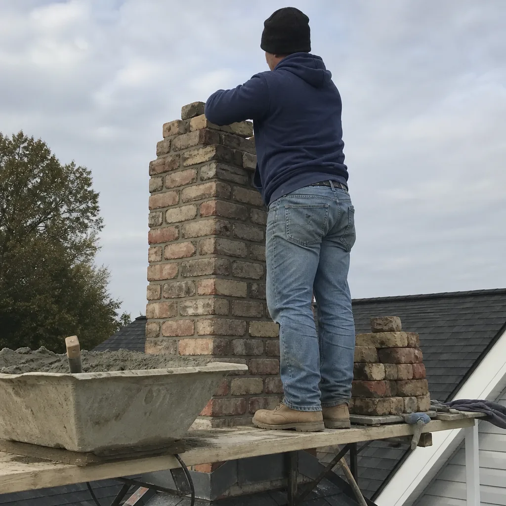 Professional mason performing chimney liner replacement and brick masonry rebuild. nationwide