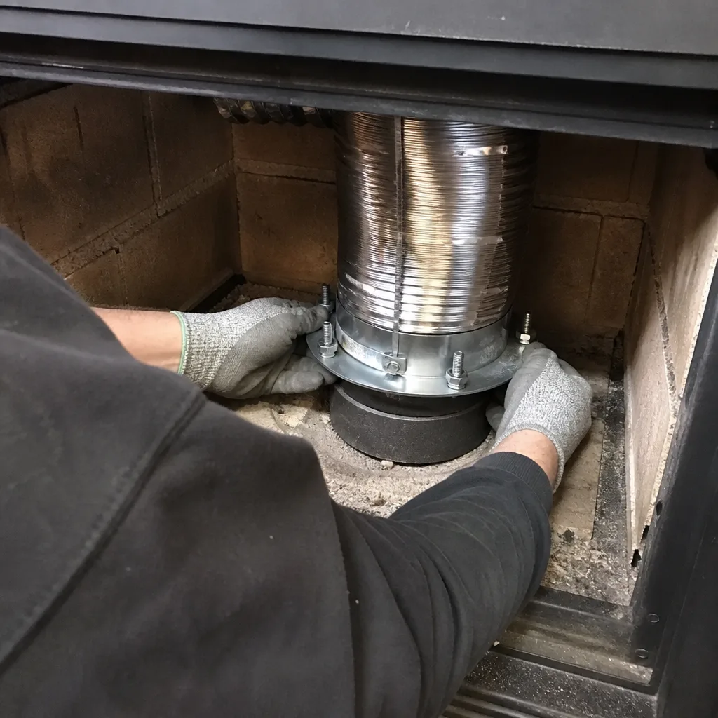Technician installing a stainless steel fireplace chimney liner nationwide